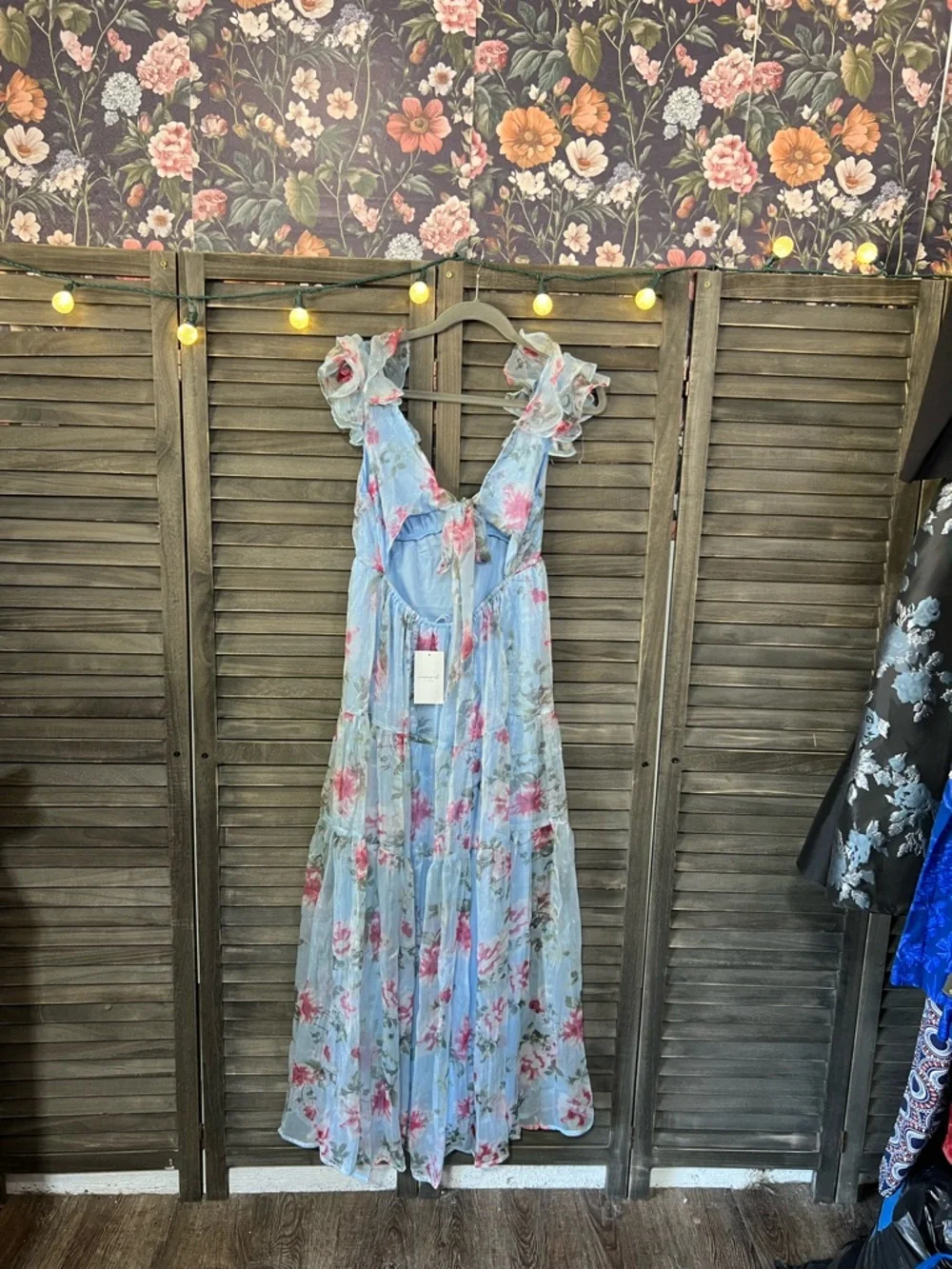 Boho Cottagecore Blue Floral Maxi Dress NWT Ruffle Sleeve Flowy Spring Small 🩵 - Picture 4 of 11